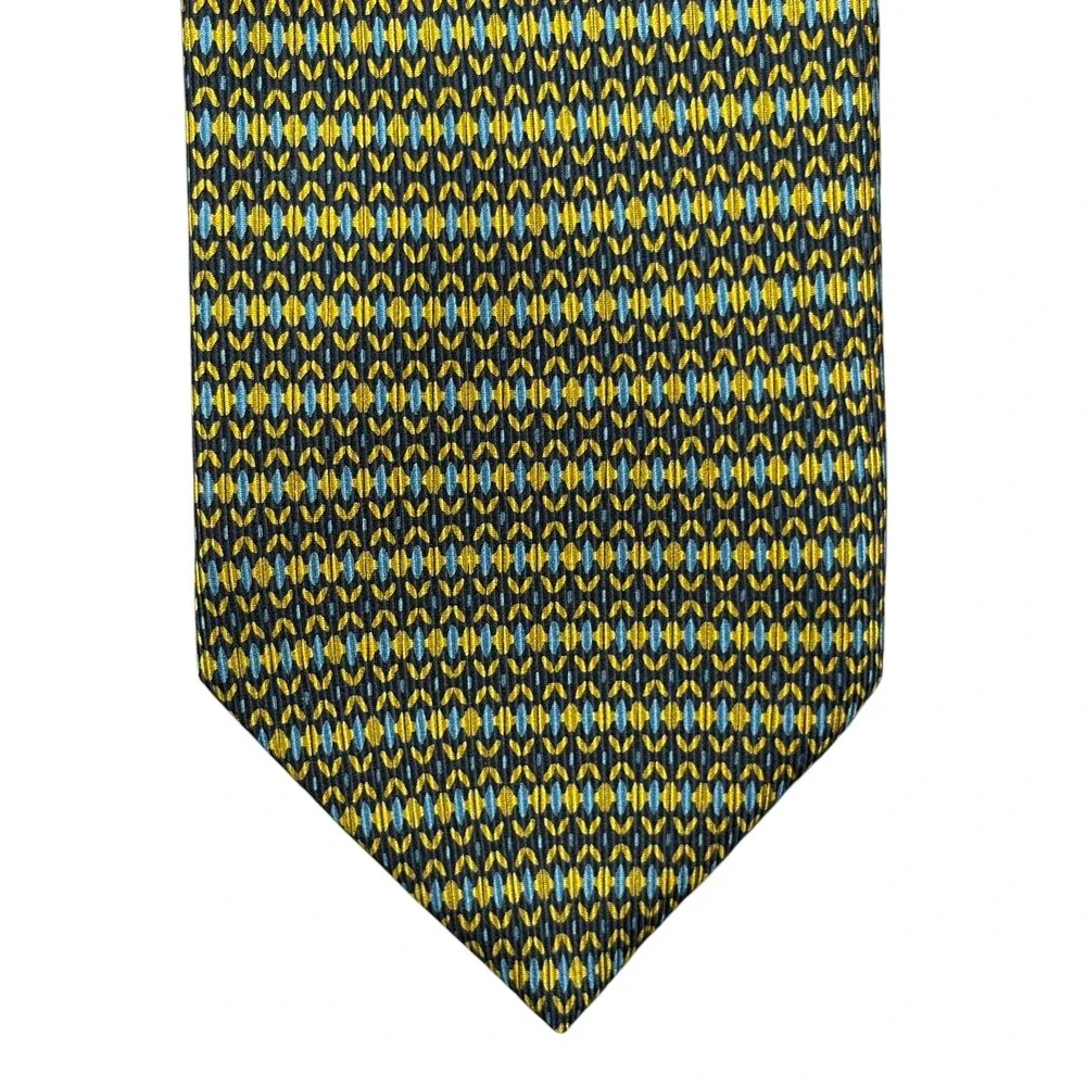 Brioni 100% Silk Necktie Mens Green Yellow Geometric Handmade Italy Tie 3.75x58
